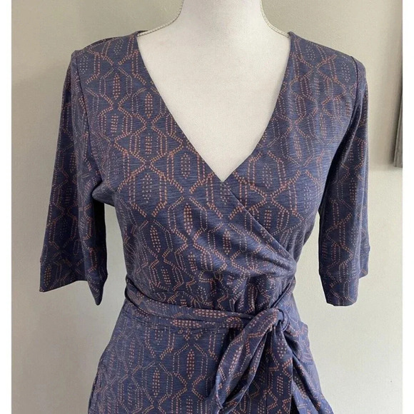 NWT Toad & Co Cue Wrap Cafe Dress Organic Cotton Blue Orange Small S New - Picture 2 of 5